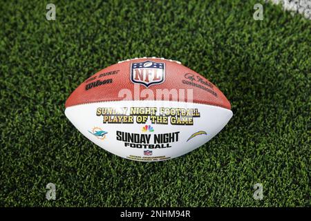 INGLEWOOD, CA - DECEMBER 11: Sunday Night Football player of the game ball  during the NFL game between the Miami Dolphins and the Los Angeles Chargers  on December 11, 2022, at SoFi