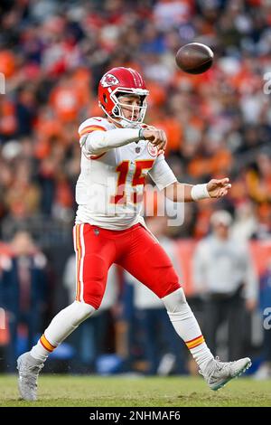 DENVER, CO - DECEMBER 11: Kansas City Chiefs quarterback Patrick Mahomes  (15) looks for a target in the first half during a game between the Kansas  City Chiefs and the Denver Broncos