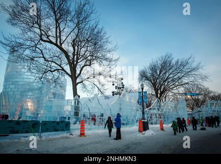 Facade of the Bonhomme Carnaval Ice Castle with people in line to visit it during winter day in Quebec city. Stock Photo