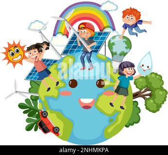 Children with solar panels and wind turbines illustration Stock Vector ...