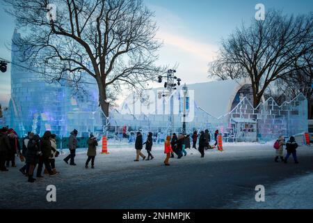 Facade of the Bonhomme Carnaval Ice Castle with people in line to visit it during winter day in Quebec city. Stock Photo