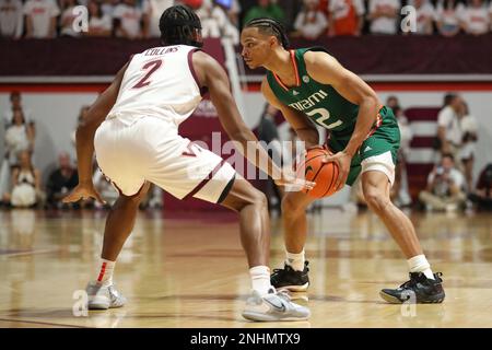 Blacksburg, Virginia, USA. 21st Feb, 2023. Miami (Fl) Hurricanes guard Isaiah Wong (2) looks to pass during the NCAA Basketball game between the Miami Hurricanes and the Virginia Tech Hokies at Cassell Coliseum in Blacksburg, Virginia. Greg Atkins/CSM/Alamy Live News Stock Photo