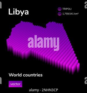 Vector Libya 3D map in violet colors on black background. Isometric map illustration. Striped vector map icon. Stock Vector
