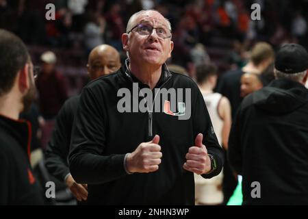 Blacksburg, Virginia, USA. 21st Feb, 2023. Miami (Fl) Hurricanes head coach Jim Larranaga celebrates following the NCAA Basketball game between the Miami Hurricanes and the Virginia Tech Hokies at Cassell Coliseum in Blacksburg, Virginia. Greg Atkins/CSM/Alamy Live News Stock Photo