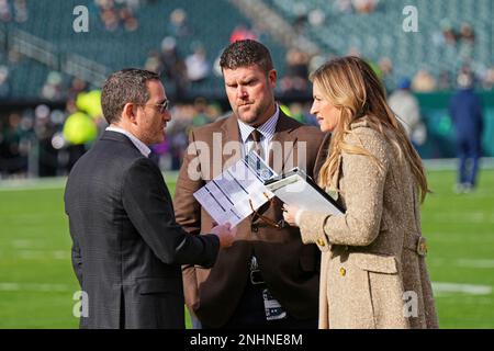 PHILADELPHIA, PA - DECEMBER 04: Fox Sports sideline reporter Erin Andrews  interviews Philadelphia Eagles quarterback Jalen Hurts (1) and Philadelphia  Eagles wide receiver A.J. Brown (11) during the game between the Tennessee