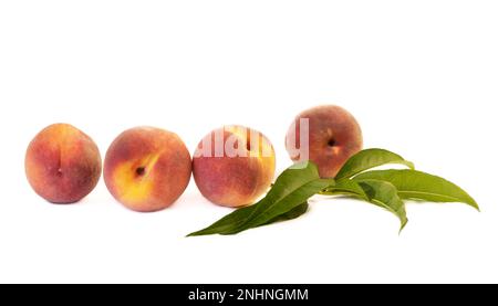 Peach collection. Nectarine fruit and half with leaf isolated on white background. Peach clipping path Stock Photo