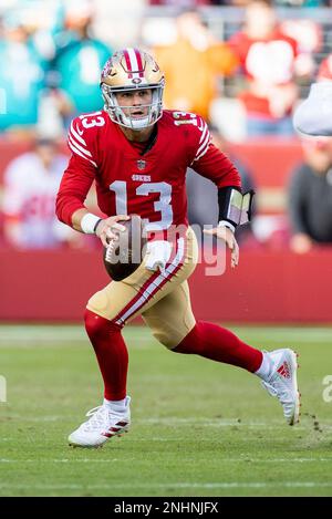 SANTA CLARA, CA - DECEMBER 04: San Francisco 49ers quarterback Brock Purdy  (13) scrambles during the NFL professional football game between the Miami  Dolphins and San Francisco 49ers on December 4, 2022 at Levi's Stadium in  Santa Clara, CA