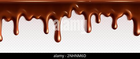 Realistic dripping chocolate texture. Vector isolated border of liquid melted chocolate cream for cake. 3d drip flow of dark cacao for dessert decoration. Brown horizontal glaze wave with tickle. Stock Vector