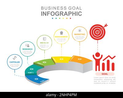 Infographic business template. 6 Steps Modern Target diagram with staircase. Concept presentation. Stock Vector