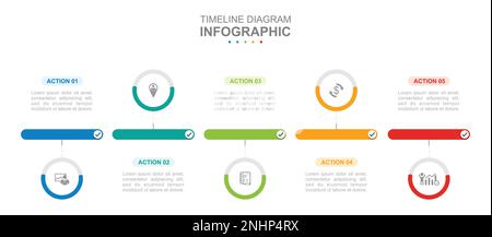 Infographic business template. 5 Steps Modern Timeline diagram roadmap with percent pie chart. Concept presentation. Stock Vector