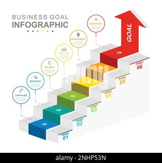 Infographic business template. 6 Steps Modern Stair diagram with arrow and topics. Concept presentation. Stock Vector