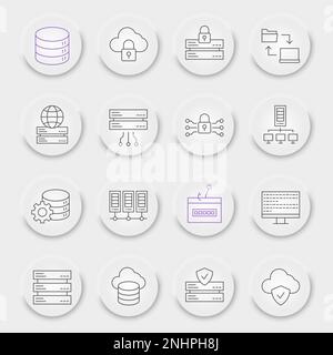 Database line icon set, cloud computing collection, vector graphics, neumorphic UI UX buttons, big data vector icons, database signs, outline pictograms, editable stroke Stock Vector