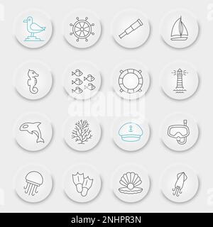 Sea and Ocean line icon set, ocean animals collection, vector graphics, neumorphic UI UX buttons, Sea vector icons, marine signs, outline pictograms, editable stroke Stock Vector