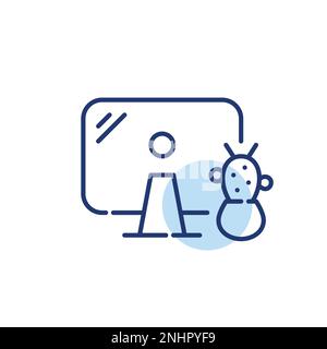 Desktop monitor and cactus in pot. Comfortable workplace. Pixel perfect, editable stroke line icon Stock Vector