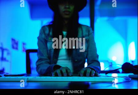 Hacker, keyboard or typing hands in neon coding, cybersecurity ransomware SEO or night phishing programming. Programmer, woman or developer code on Stock Photo