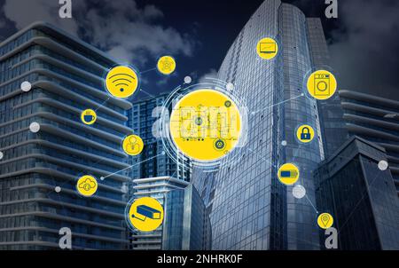 Different virtual icons and modern buildings on background. Smart city ...
