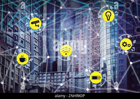 Different virtual icons and modern buildings on background. Smart city ...