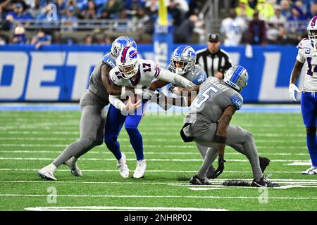 Buffalo Bills quarterback Josh Allen (17) gets set to hick the ball to  quarterback Josh Allen (17) against the Detroit Lions during an NFL  football game, Thursday, Nov. 24, 2022, in Detroit. (