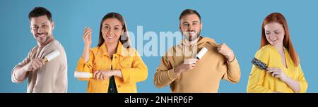 People cleaning clothes with lint rollers on blue background, collage. Banner design Stock Photo