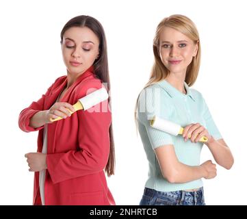 Young women cleaning clothes with lint rollers on white background, collage Stock Photo