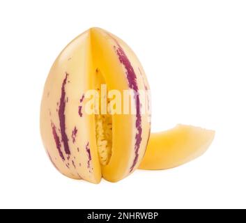 Cut pepino melon isolated on white. Exotic fruit Stock Photo