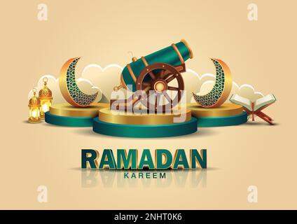 Eid Mubarak and Ramadan Kareem greetings. golden lantern and half moon with golden archery background .vector illustration design Stock Vector