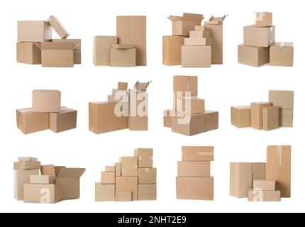 Set with different cardboard boxes on white background Stock Photo