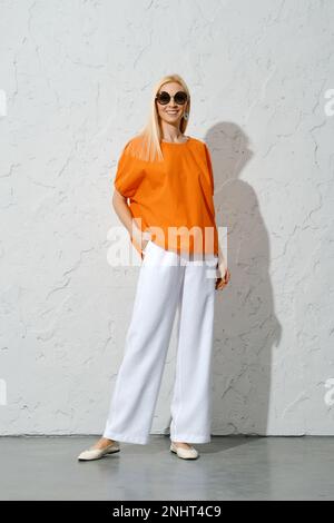 Rareism Women's Tips Orange Cotton Fabric 3/4Th Sleeves Button Closure  Mandarin Collar Regular Fit Plain Top(XXS)
