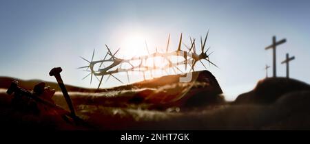 The sacrifice of Jesus Christ on the cross and suffering, the hill of Golgotha, the crown of thorns and the nails, and Passion Week and Jesus' passion Stock Photo