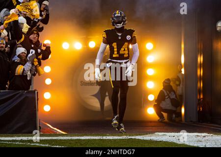 PITTSBURGH, PA - NOVEMBER 20: Pittsburgh Steelers wide receiver George  Pickens (14) is announced during the national football league game between  the Cincinnati Bengals and the Pittsburgh Steelers on November 20, 2022