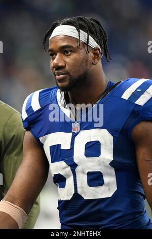 INDIANAPOLIS, IN - NOVEMBER 20: Indianapolis Colts Linebacker Bobby Okereke  (58) walks off the field at the conclusion of the NFL football game between  the Philadelphia Eagles and the Indianapolis Colts on November 20, 2022, at  Lucas Oil Stadium