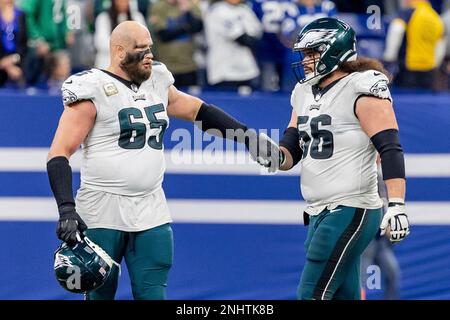 Philadelphia Eagles offensive tackle Lane Johnson (65) and running back  Miles Sanders (26) in action during the NFC Championship NFL football game  on Sunday, Jan. 29, 2023, in Philadelphia. (AP Photo/Matt Rourke