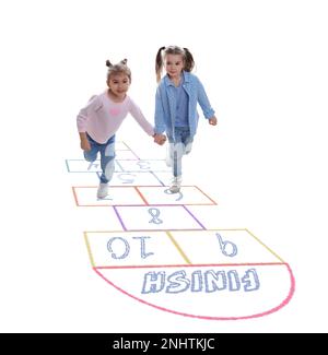 Cute little girls playing hopscotch on white background Stock Photo