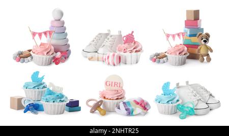 Set with decorated baby shower cupcakes and different accessories on white background Stock Photo