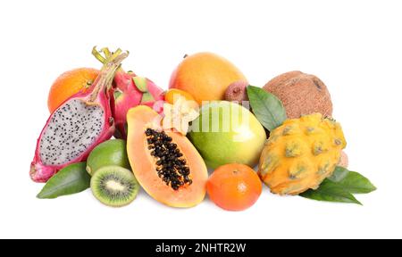 Pile of different exotic fruits on white background Stock Photo