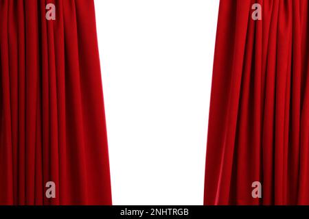Open elegant red front curtains on white background Stock Photo
