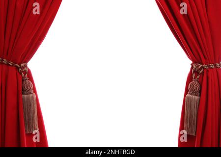 Open elegant red front curtains on white background Stock Photo