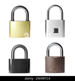 Set with different metal padlocks on white background Stock Photo