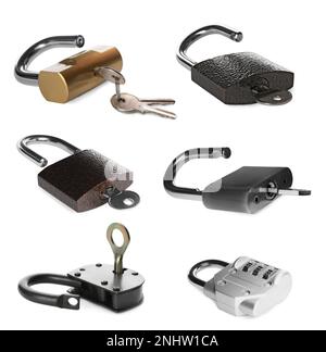 Set with different metal padlocks on white background Stock Photo
