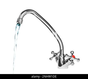 Water stream flowing from tap on white background Stock Photo