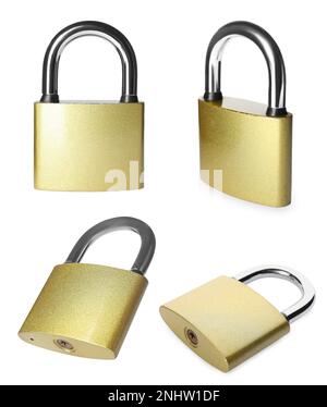 Set with metal padlocks on white background Stock Photo