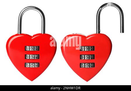 Locked and open heart shaped padlocks on white background, collage Stock Photo