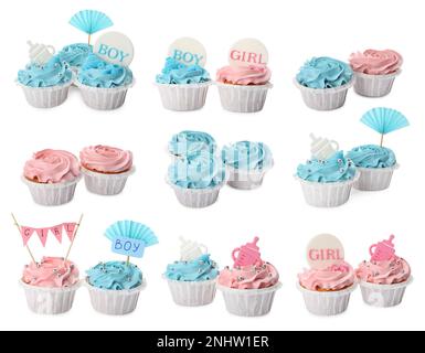 Set of decorated baby shower cupcakes with blue and pink cream on white background Stock Photo