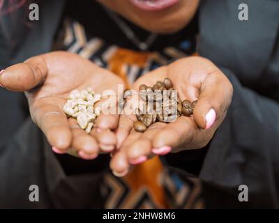 hand of african american woman holding coffee beans macro close up Stock Photo