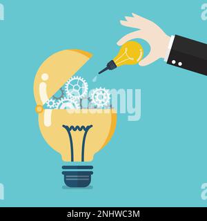 Hand drop lubricant into gears on lightbulb. Vector illustration Stock Vector