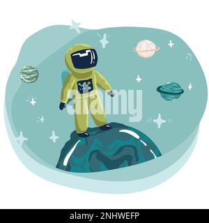 cartoon space backgrounds. Templates for flyers, banners, cards, covers, frames, posters. Vector children's illustration. The rocket takes off into th Stock Vector