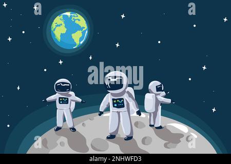 Cute little astronaut stand on the moon with USA flag.Space mission.Childish vector illustration Stock Vector