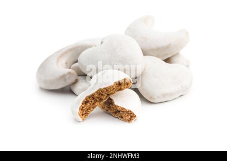 Gingerbread cookies with the sugar icing isolated on white backgorund. Stock Photo