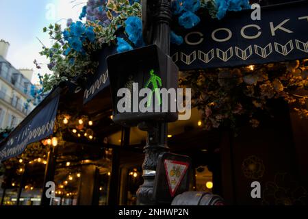 Pedestrian stoplight on green with blue flowers surrounding it in the streets of Paris Stock Photo