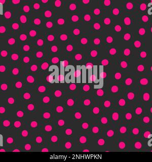 Seamless neon polka dots pattern. Pink color hand-drawn circles on dark grey background. Abstract of points ornament. Vector bright illustration for w Stock Vector